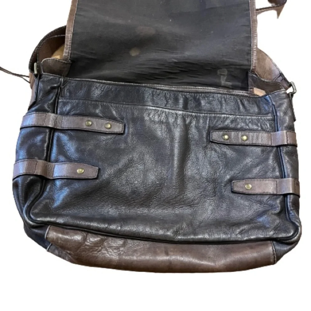 Cole Haan Two-Tone Brown Distressed Pebbled Leather Messenger Bag - Unisex
